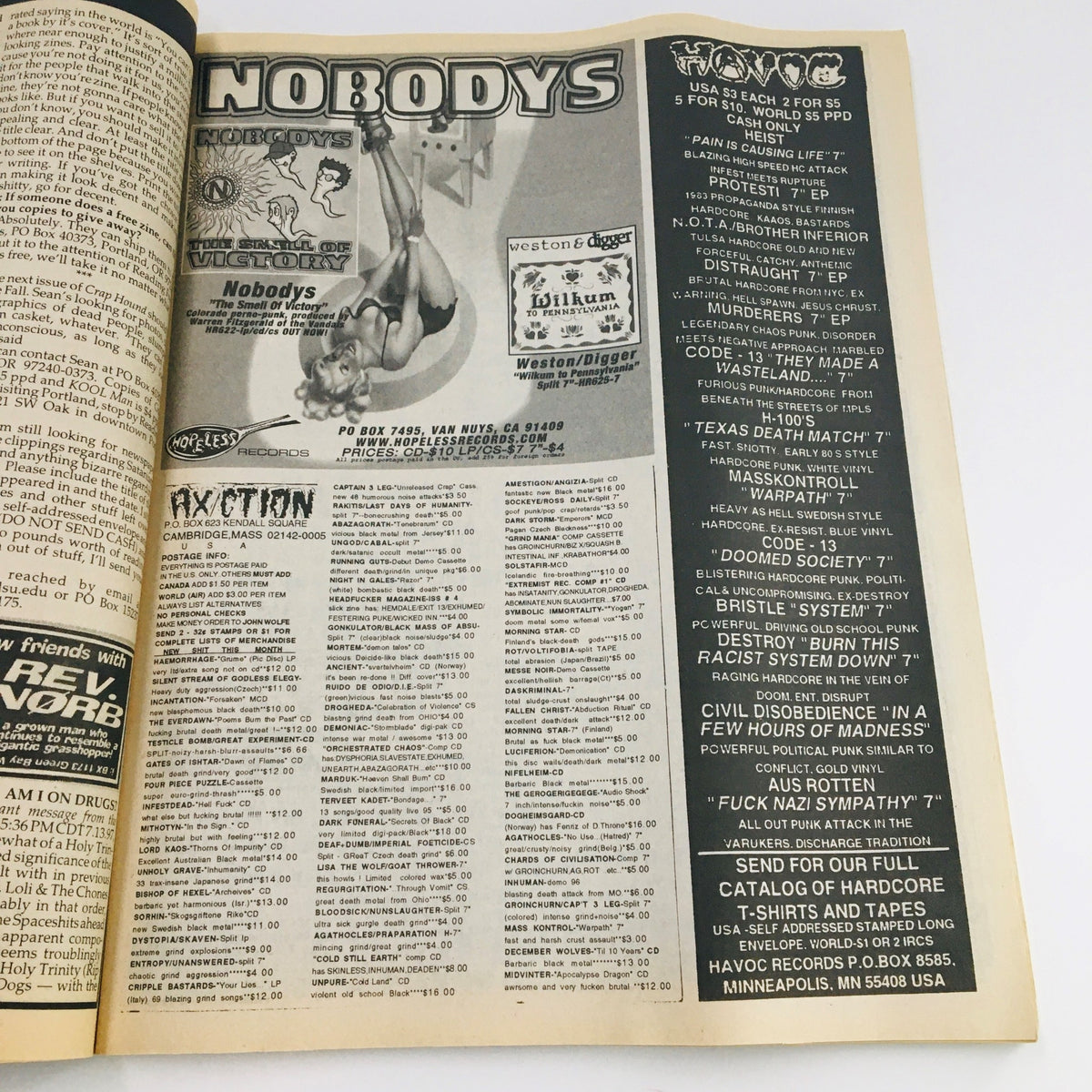 Advertorial content in Maximum RocknRoll Magazine September 1997 #172 promoting punk music listings and merchandise.
