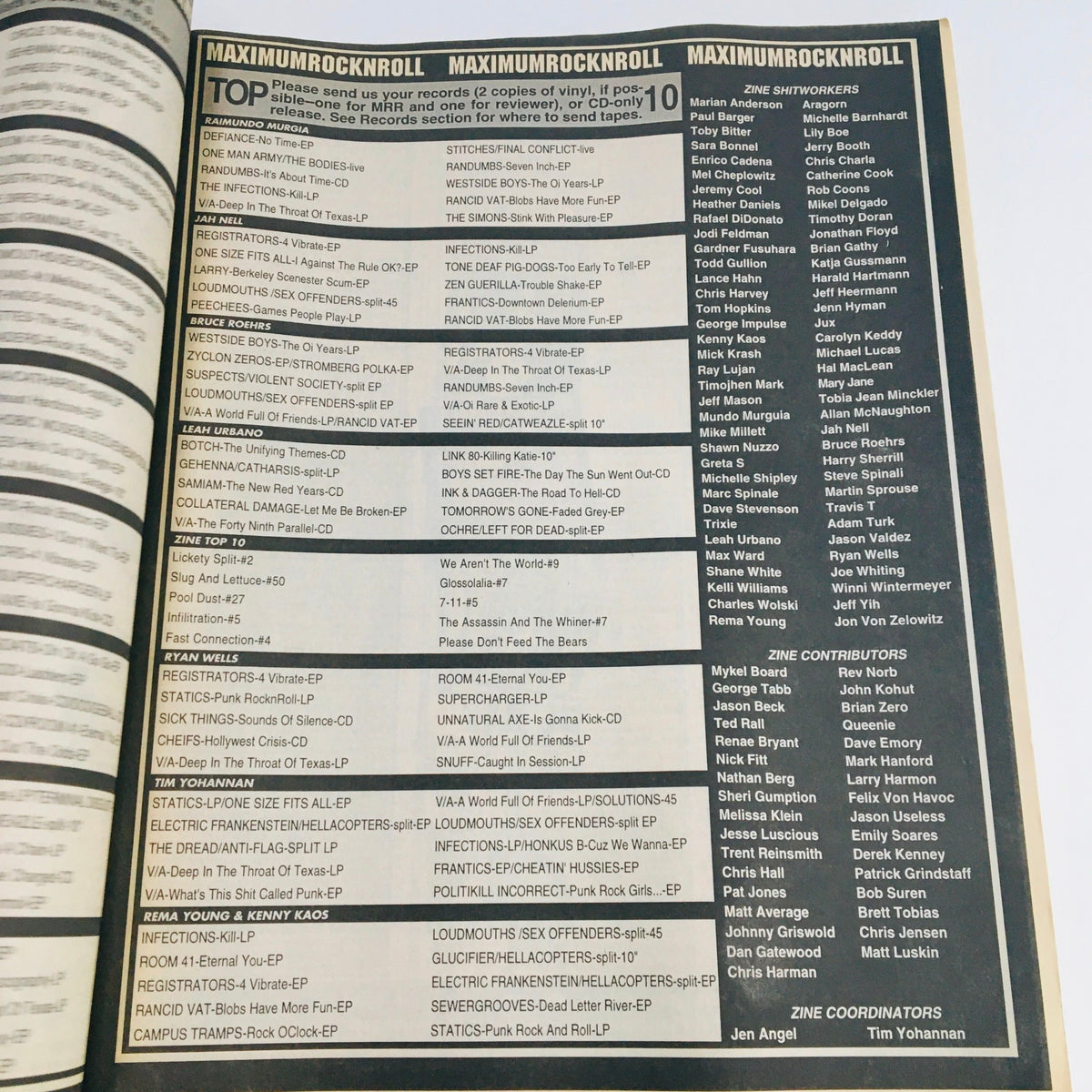 Another page from Maximum RocknRoll Magazine November 1997 Issue #174 showing additional music reviews, contributor listings, and zine information.