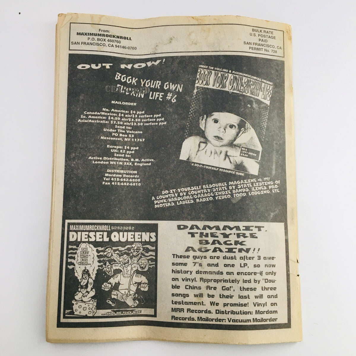 Back cover of Maximum RocknRoll Magazine December 1997, issue #175, featuring advertisements and a call for DIY punk culture, emphasizing the magazine's role in the punk rock community.