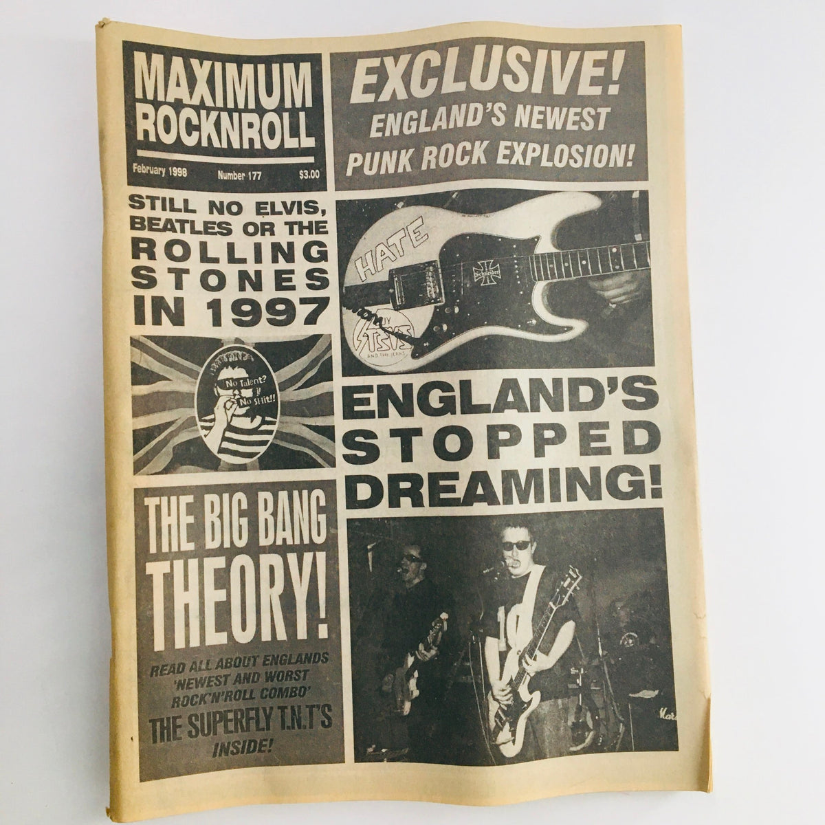 Cover of Maximum RocknRoll Magazine February 1998 #177 featuring the Superfly T.N.T.'s and bold headlines about England's punk rock scene.