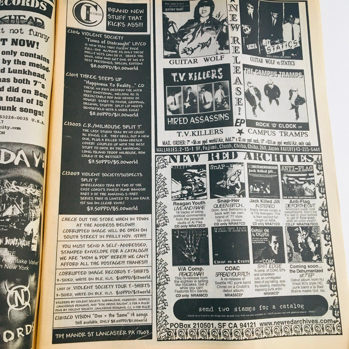 Inside page of Maximum RocknRoll Magazine February 1998 #177 showcasing advertisements for punk music records and bands.
