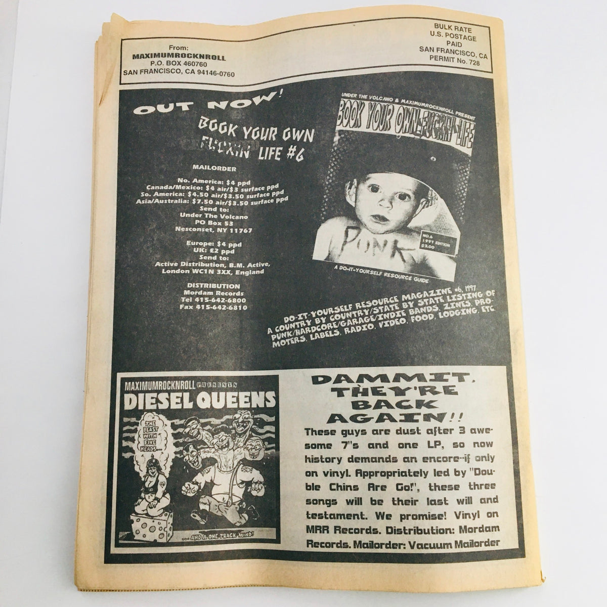 Back cover of Maximum RocknRoll Magazine February 1998 #177 featuring advertisements for punk resources and upcoming releases in the music scene.
