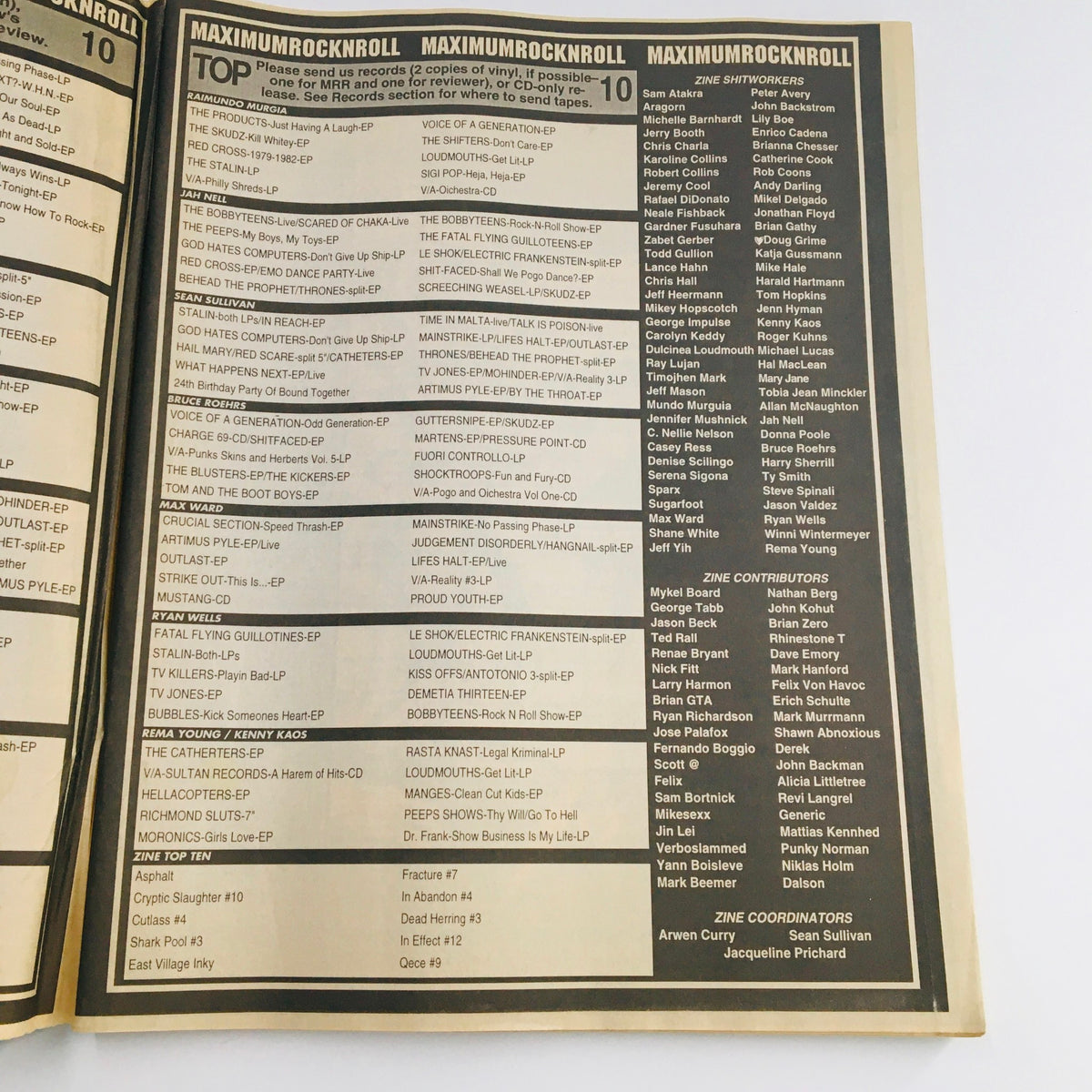 Inside spread of Maximum RocknRoll Magazine December 1999 #194 showcasing top punk music records and contributors.