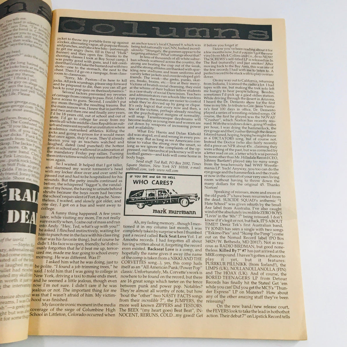 Column page from Maximum RocknRoll Magazine December 1999 #194 discussing music and culture with articles and commentary.