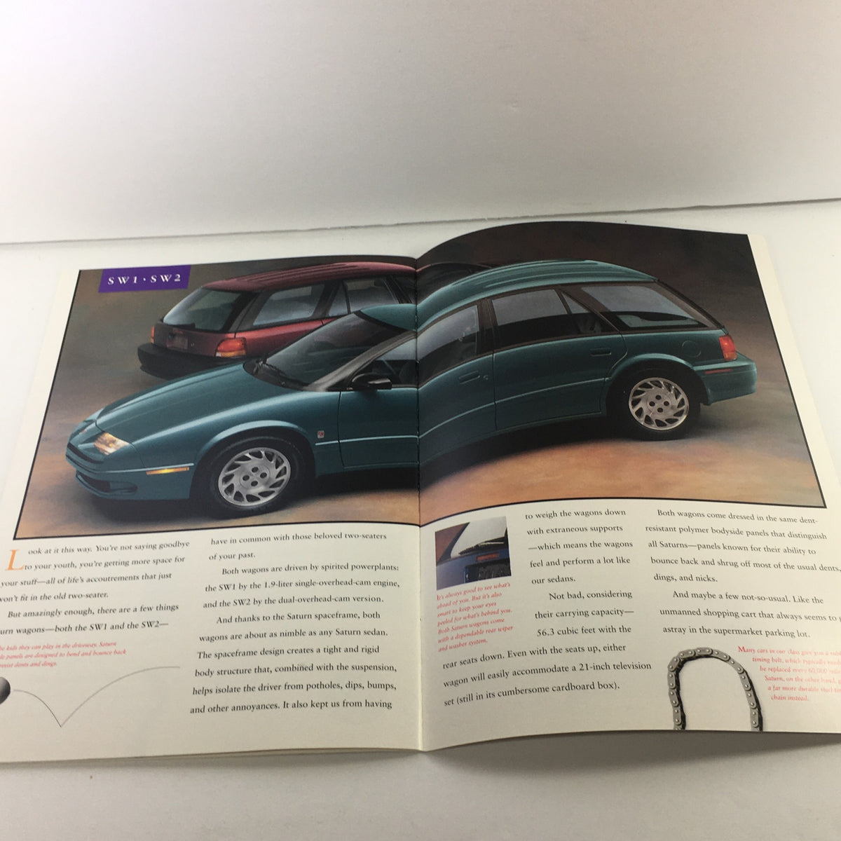 Interior page of the 1994 Saturn SL-1 SW-1 SW-2 Dealership Car Auto Brochure Catalog showcasing two models, SW-1 and SW-2, emphasizing their design and features.
