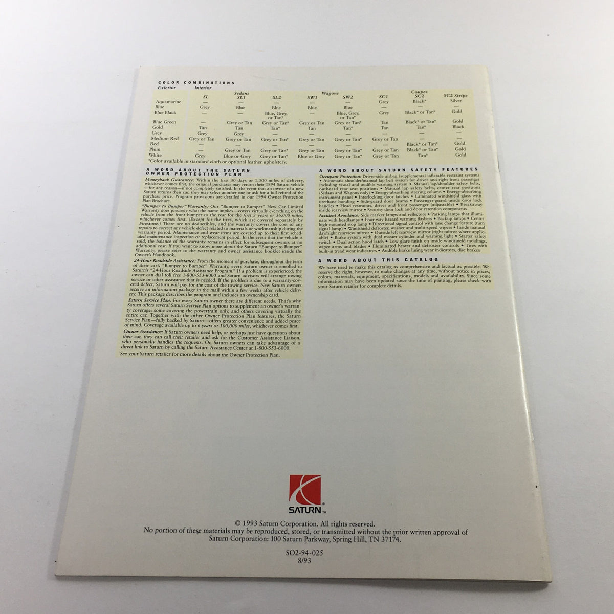 Back cover of the 1994 Saturn SL-1 SW-1 SW-2 Dealership Car Auto Brochure Catalog, showcasing color combinations and vehicle safety features.