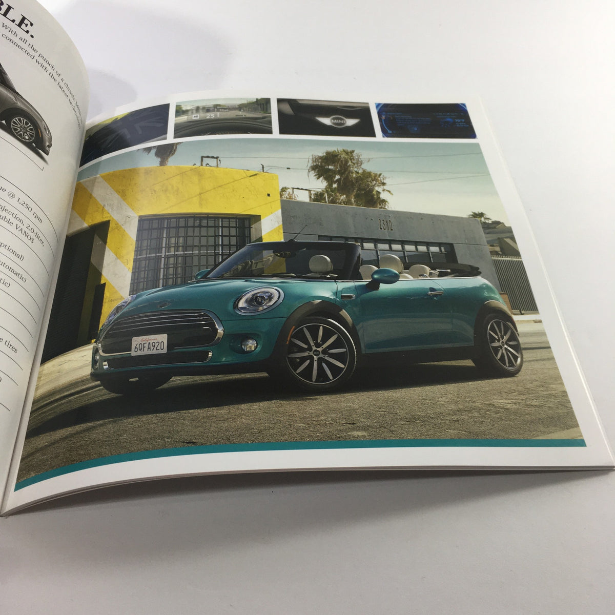 Page from the 2016 Mini Cooper Motor The Spectrum Colors Dealership Car Auto Brochure Catalog showcasing a stylish turquoise Mini convertible parked in front of a vibrant building.