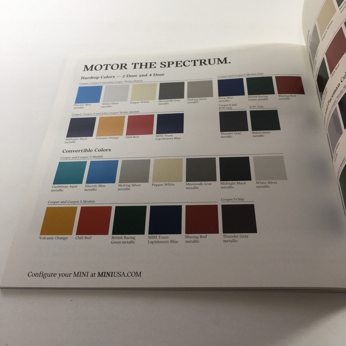 2016 Mini Cooper Motor The Spectrum Colors Dealership Car Auto Brochure Catalog page showcasing a variety of hardtop and convertible color options available for the Mini Cooper.
