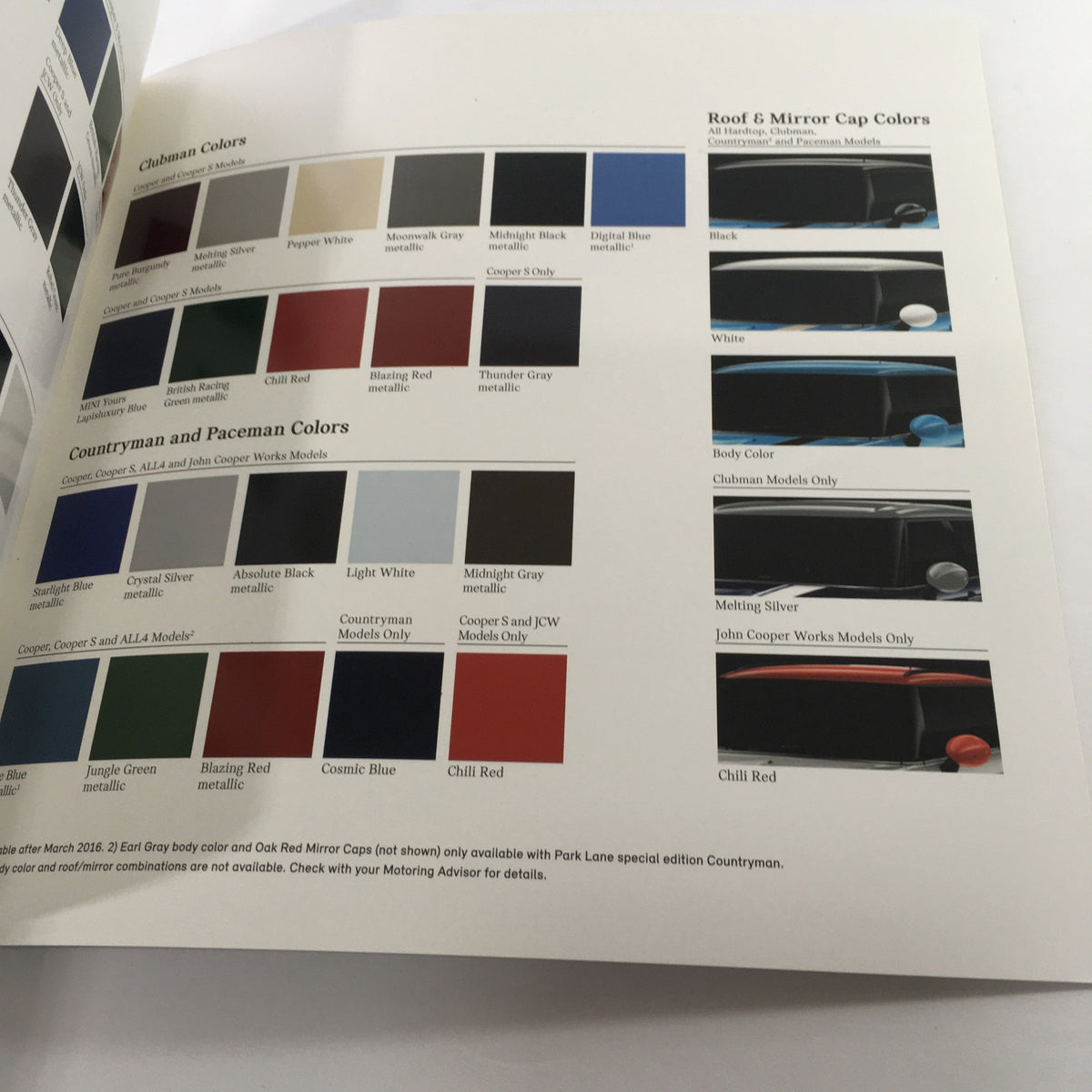 2016 Mini Cooper Motor The Spectrum Colors Dealership Car Auto Brochure Catalog page displaying color choices for the Clubman and Paceman models, including roof and mirror cap colors.