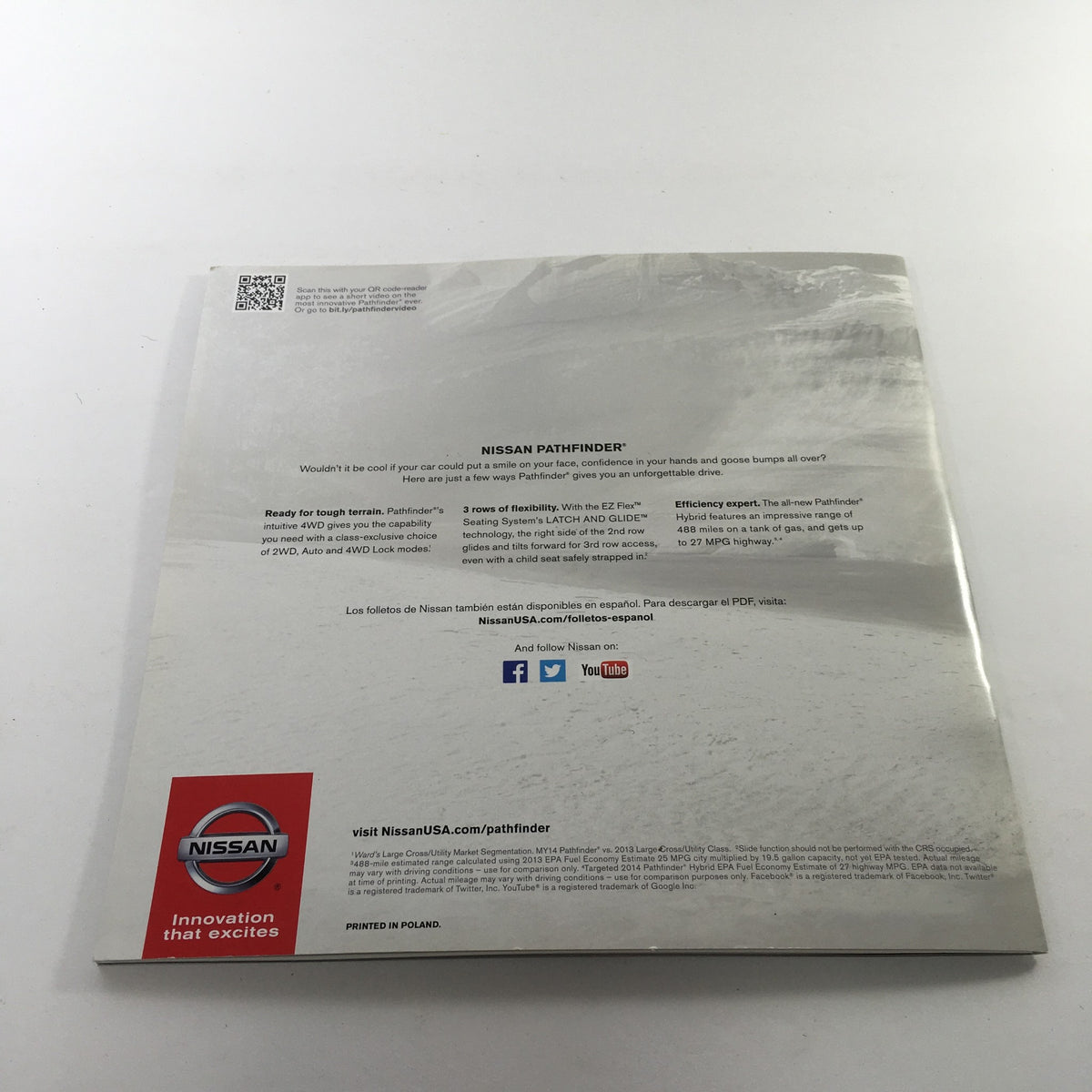 Back cover of the 2014 Nissan Pathfinder SUV dealership brochure featuring promotional content and contact information.