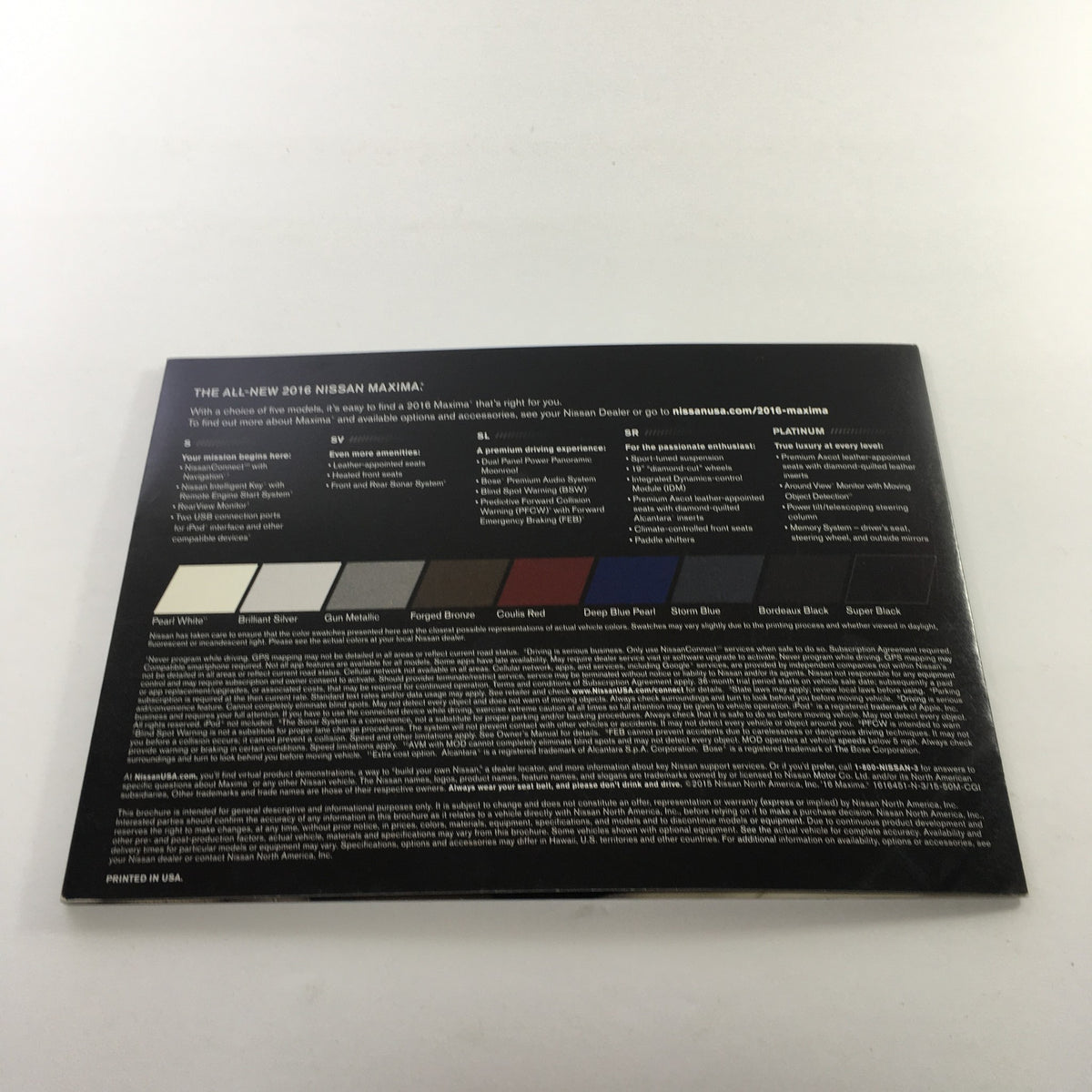Back cover of the 2016 Nissan Maxima brochure, displaying color options and specifications. From the 2016 Nissan Maxima 300-HP On A Mission Dealership Car Auto Brochure Catalog.