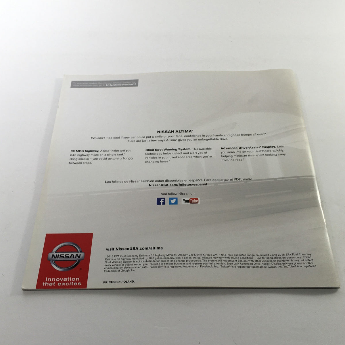 Back cover of the 2015 Nissan Altima Sedan Dealership Car Auto Brochure Catalog featuring Nissan branding and a summary of the vehicle's key features.