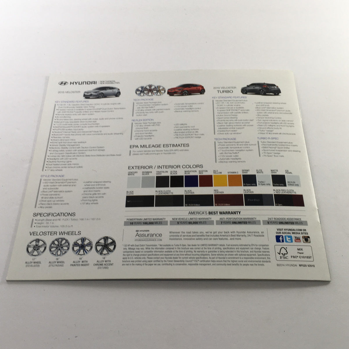 Back cover of the 2015 Hyundai Veloster Dealership Car Auto Brochure Catalog showcasing specifications, exterior and interior color options, and wheel designs.
