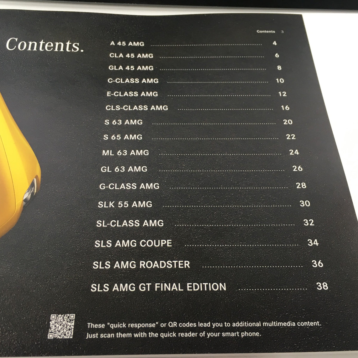 Contents page of the 2013 Mercedes-Benz AMG Portfolio Dealership Car Auto Brochure Catalog detailing various AMG models including A-Class, C-Class, E-Class, and SLS AMG.