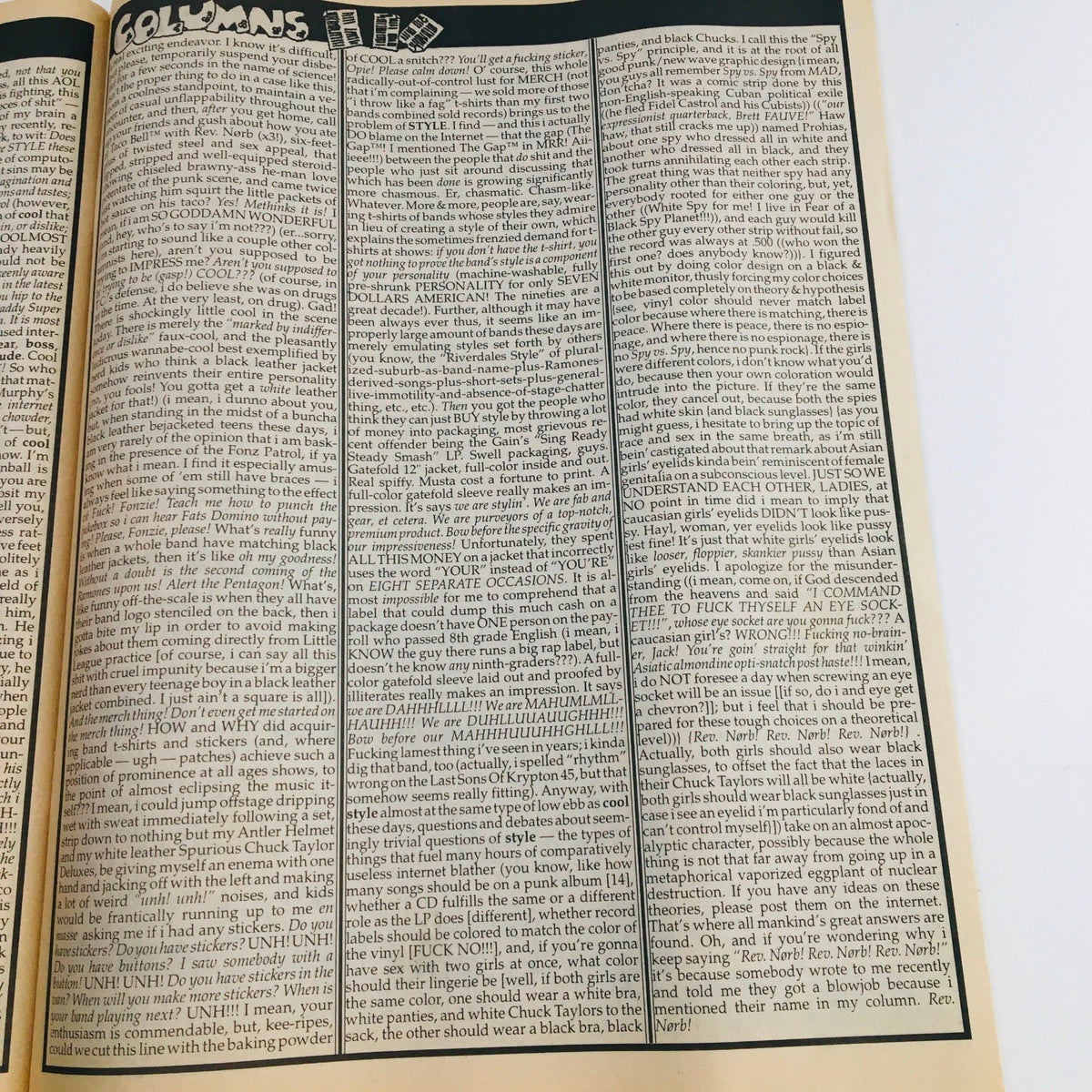 Editorial page from Maximum RocknRoll Magazine May 1997 #168, displaying engaging text discussing punk culture.
