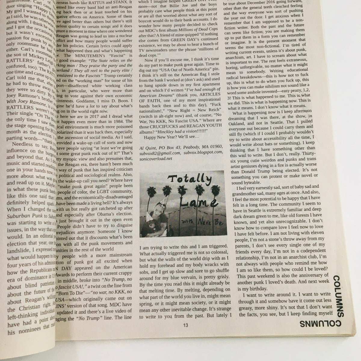 Interior page of Maximum RocknRoll Magazine February 2017 #405 displaying an article titled 'Totally Lame' with insight into punk culture.
