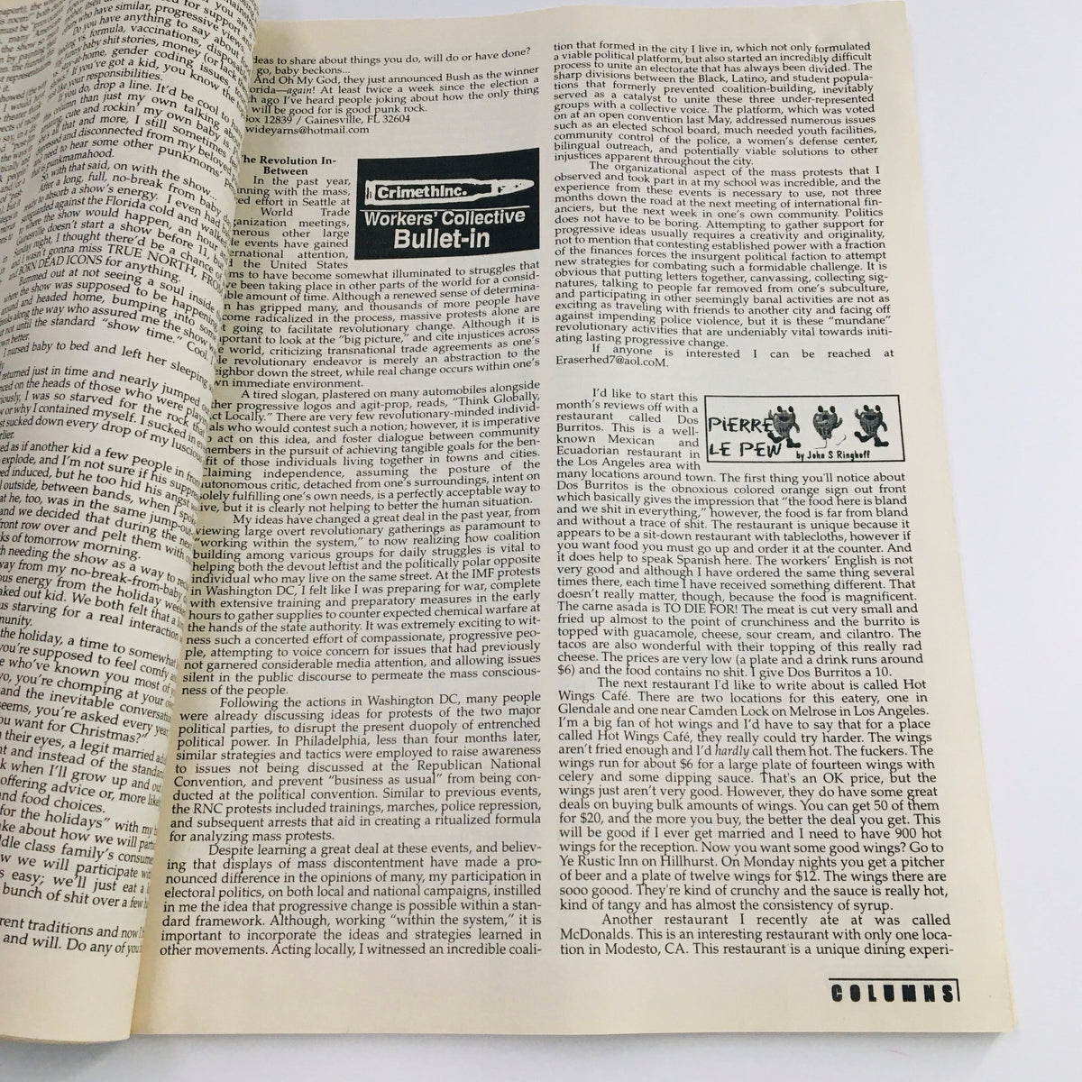 Interior page from Maximum RocknRoll Magazine February 2001 #213, featuring articles on punk culture and CrimethInc. Workers Collective Bulletin.