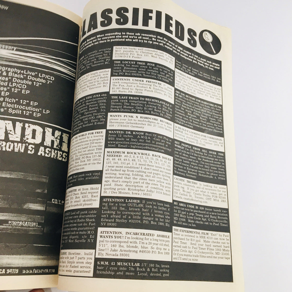 Classifieds page from Maximum RocknRoll Magazine February 2001 #213, displaying various punk rock-related advertisements and listings.