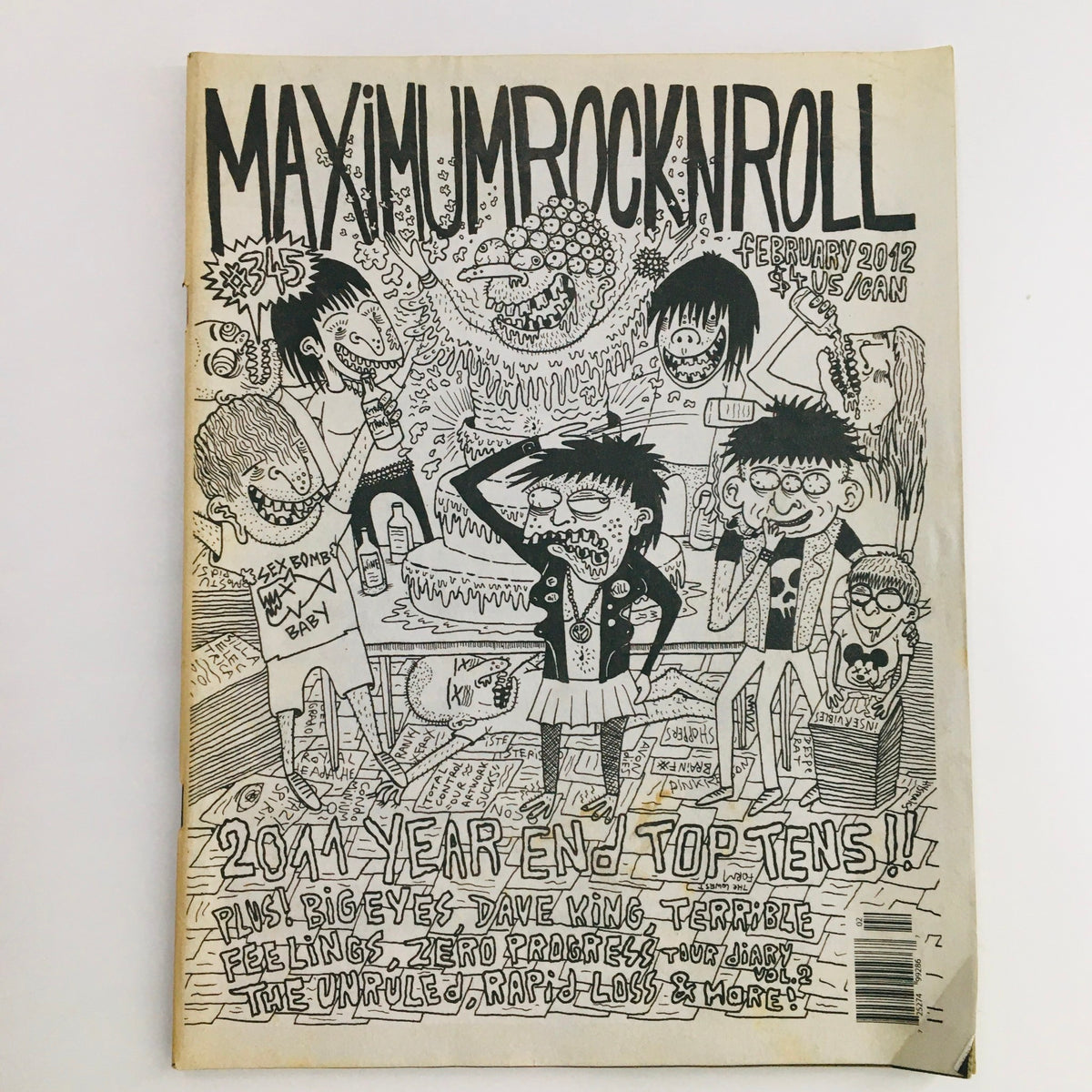 Cover of Maximum RocknRoll Magazine February 2012 #345 featuring punk band Big Eyes and Dave King.