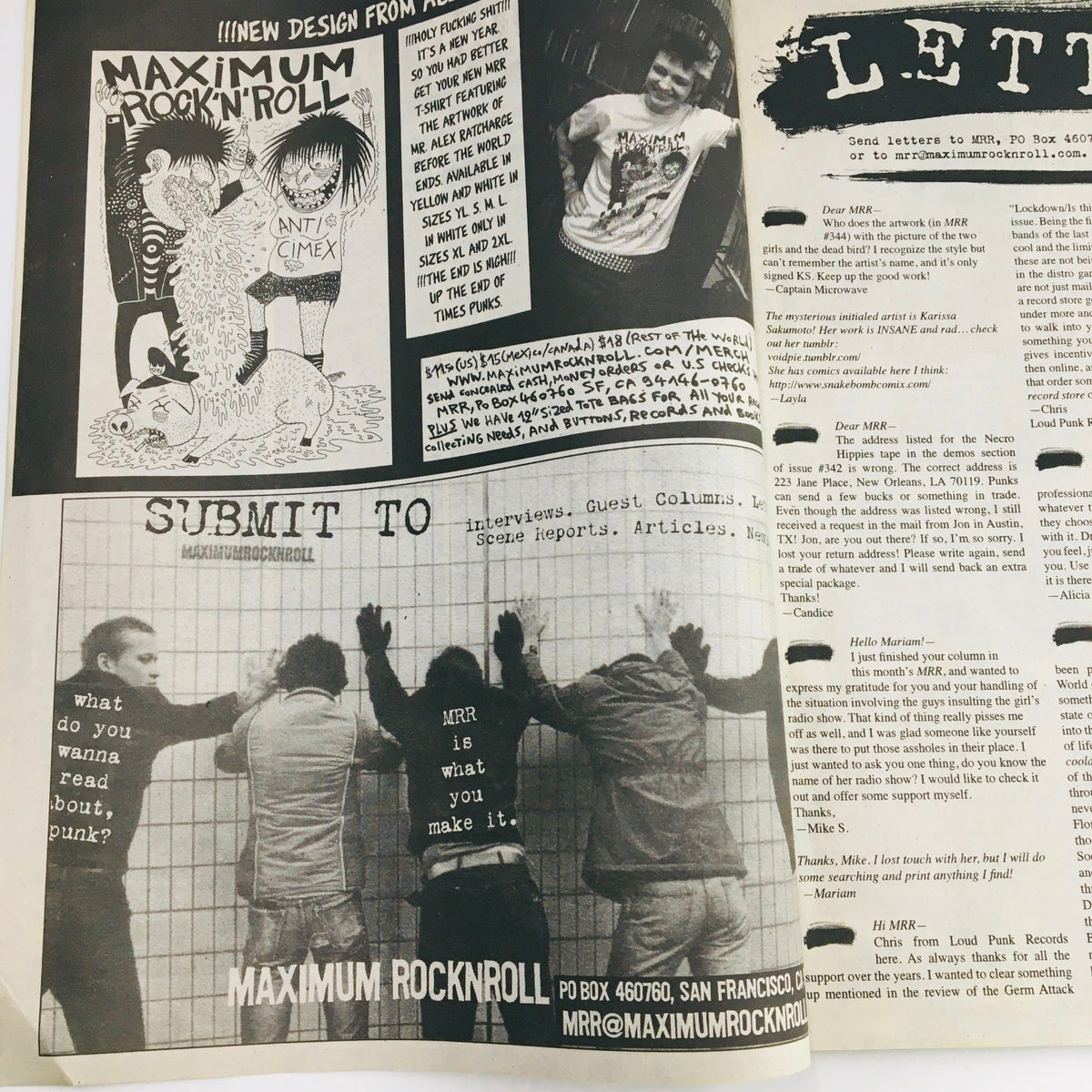 Inside page of Maximum RocknRoll Magazine February 2012 #345 featuring letters and submissions for articles.