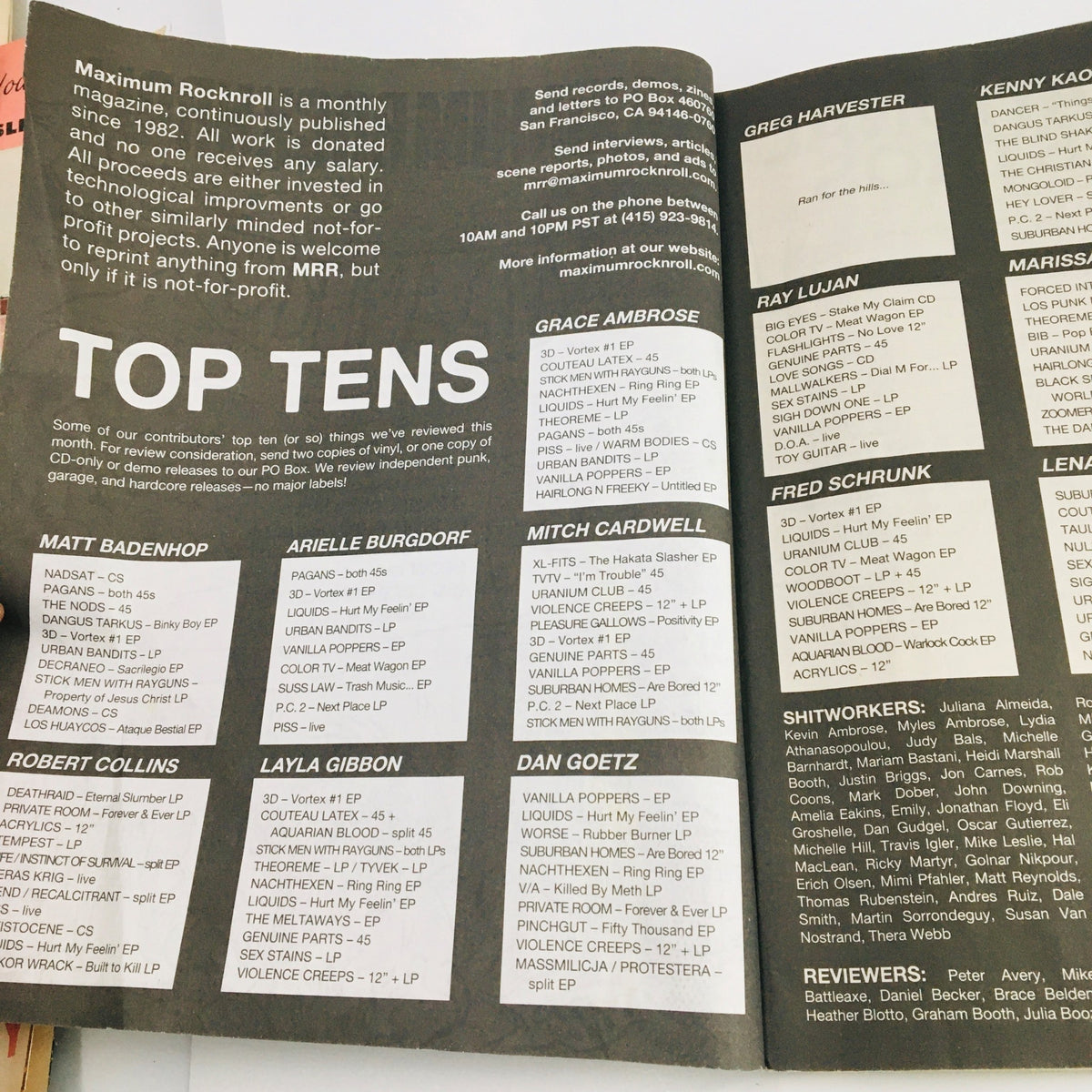 Inside page of Maximum RocknRoll Magazine January 2017 #404 listing the 'Top Tens' music recommendations. The page features names of artists and albums relevant to the punk rock scene.