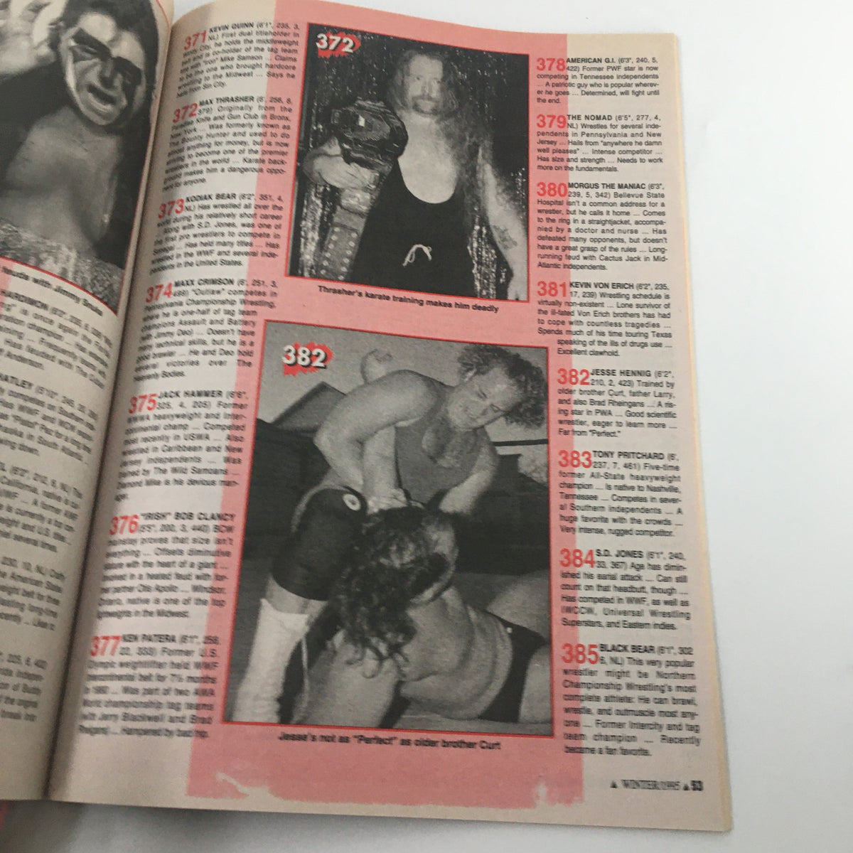 Pro Wrestling Illustrated Winter 1995 magazine feature page showcasing ranks 372 to 385 of wrestling stars, including Hogan, with images of wrestlers and their stats.