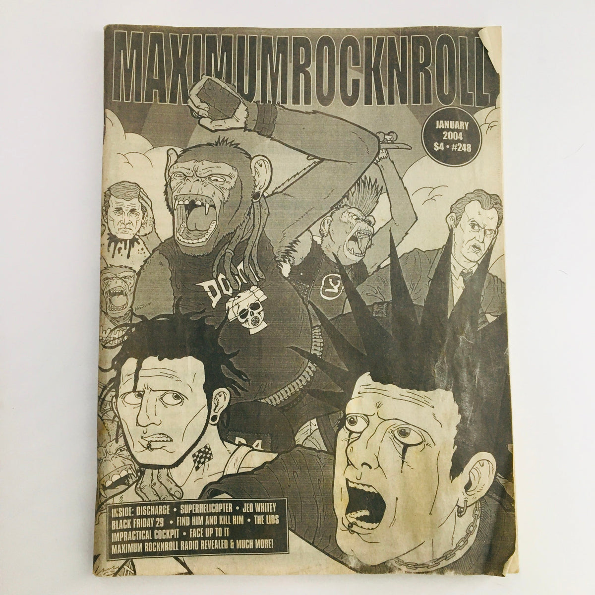 Cover of Maximum RocknRoll Magazine January 2004 #248 showcasing punk culture with illustrations of iconic punk symbols, featuring The Lids and Jed Whitey, highlighting the vibrant music scene of the early 2000s.