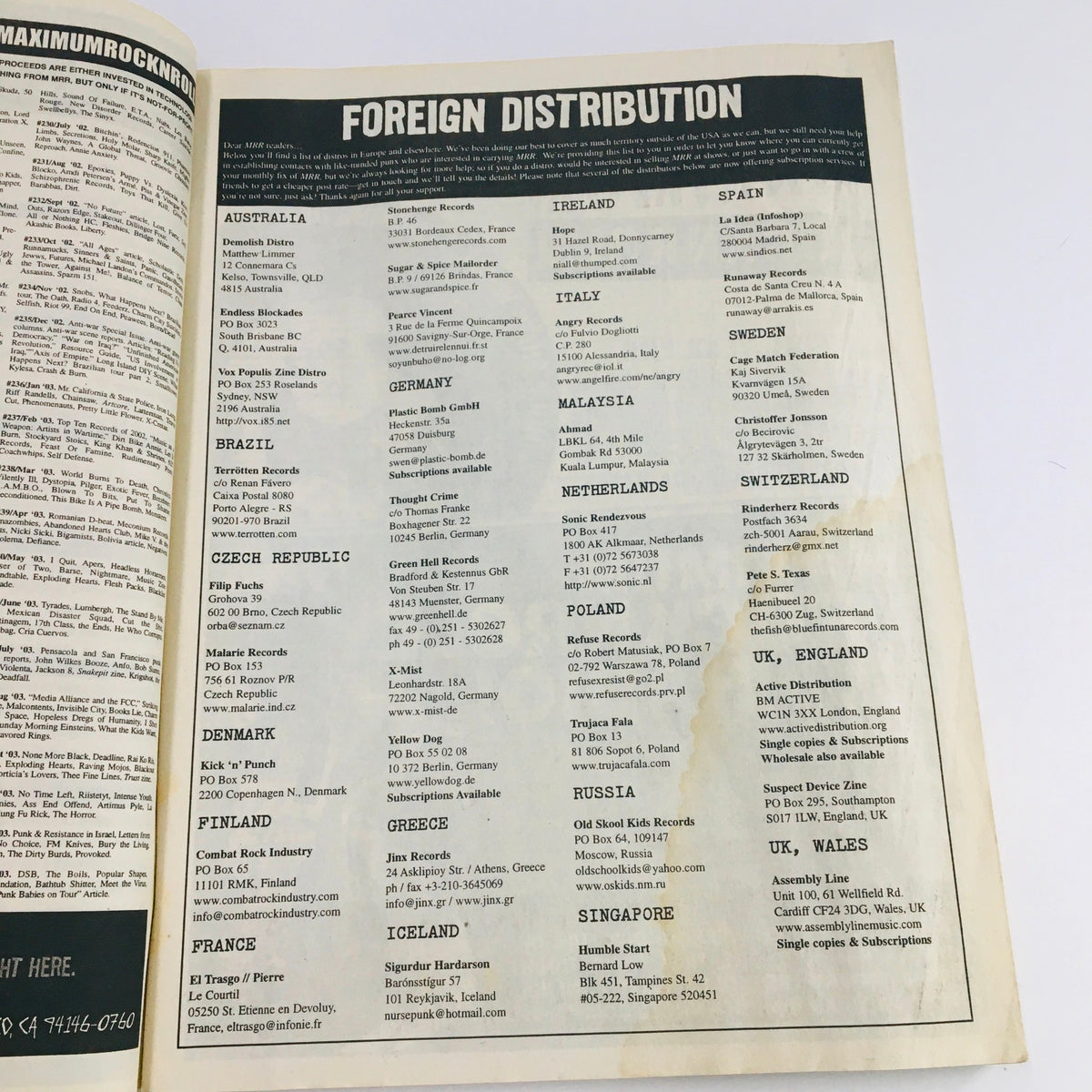 Interior page of Maximum RocknRoll Magazine January 2004 #248 featuring foreign distribution information for the magazine.
