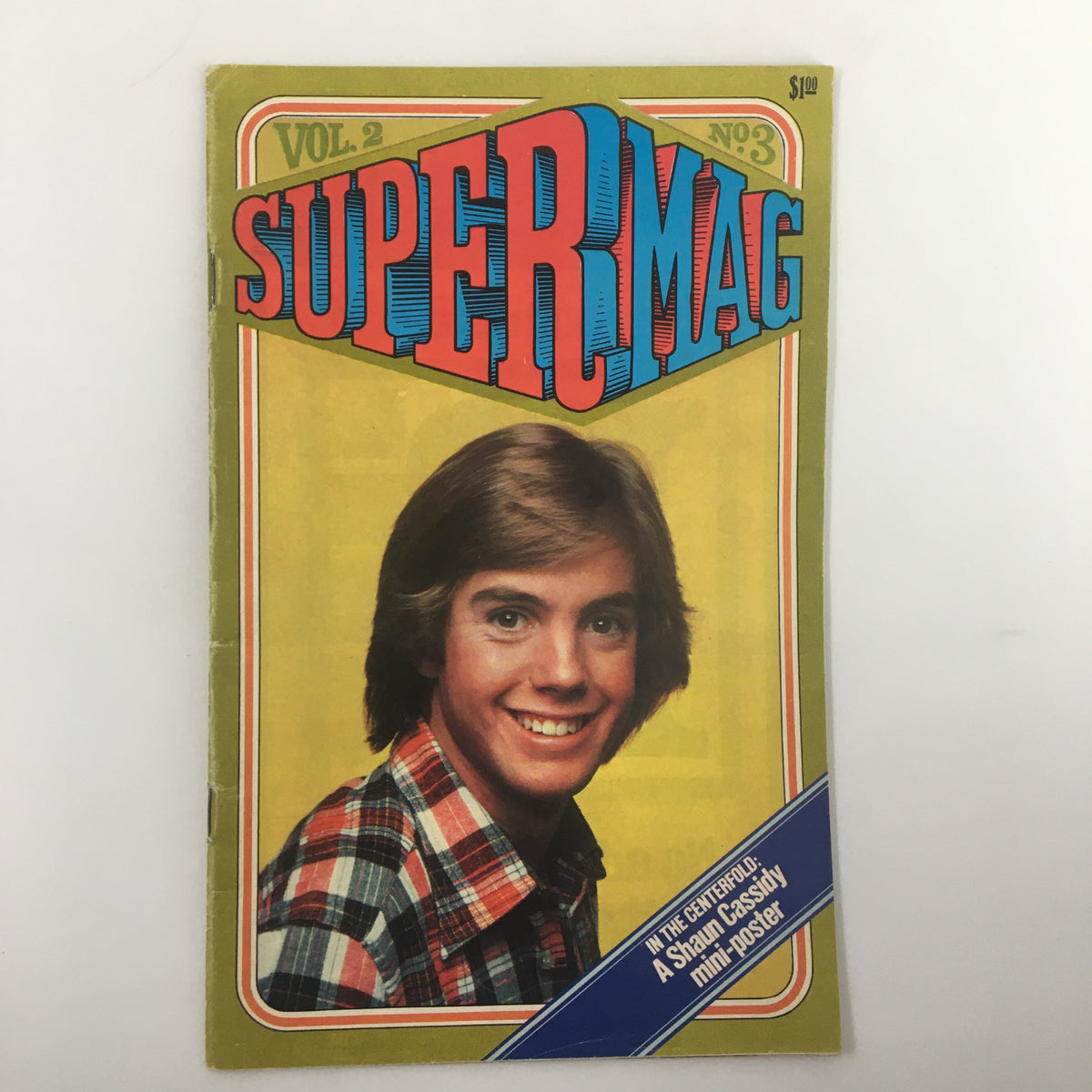 VTG SuperMag Magazine 1977 Vol. 2 No. 3 featuring Shaun Cassidy on the cover in a plaid shirt, showcasing vintage pop culture aesthetics.