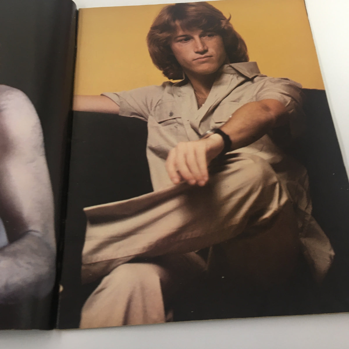 Photo of Andy Gibb in VTG TV Superstar Magazine December 1978, wearing a shirt and sitting casually.
