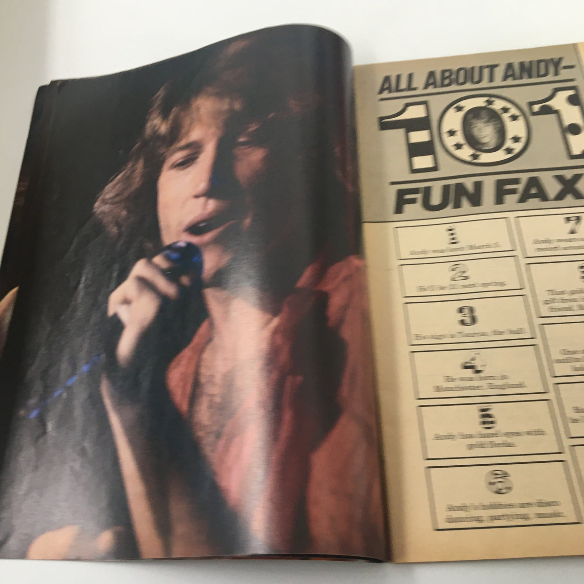 VTG TV Superstar Magazine Cover featuring Andy Gibb from December 1978, showcasing a close-up of the artist singing, with fun facts about him displayed beside.