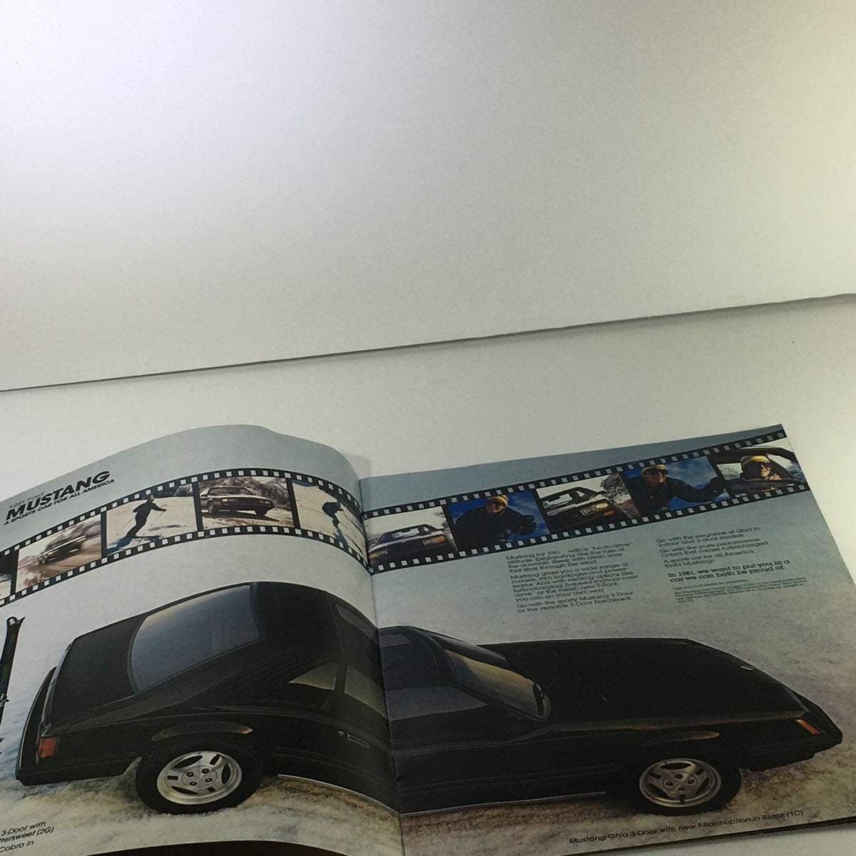 Page from the 1981 Ford Mustang Sports Car Dealership Car Auto Brochure Catalog showcasing Mustang design features with images of the car in various environments.