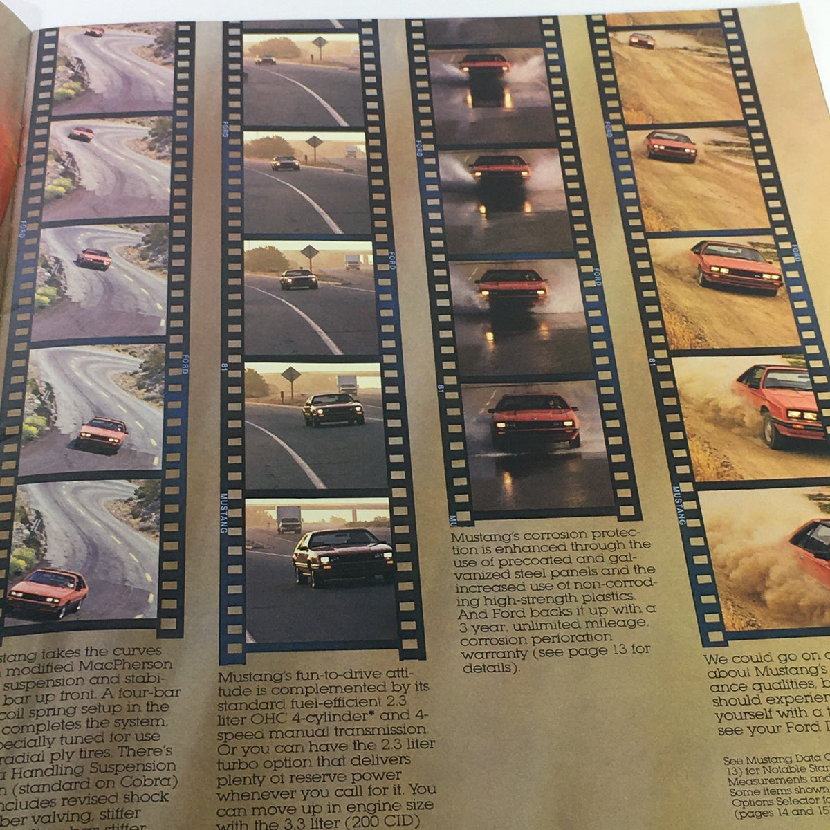 Detailed page from the 1981 Ford Mustang Sports Car Dealership Car Auto Brochure Catalog highlighting the Mustang's performance and corrosion protection features.