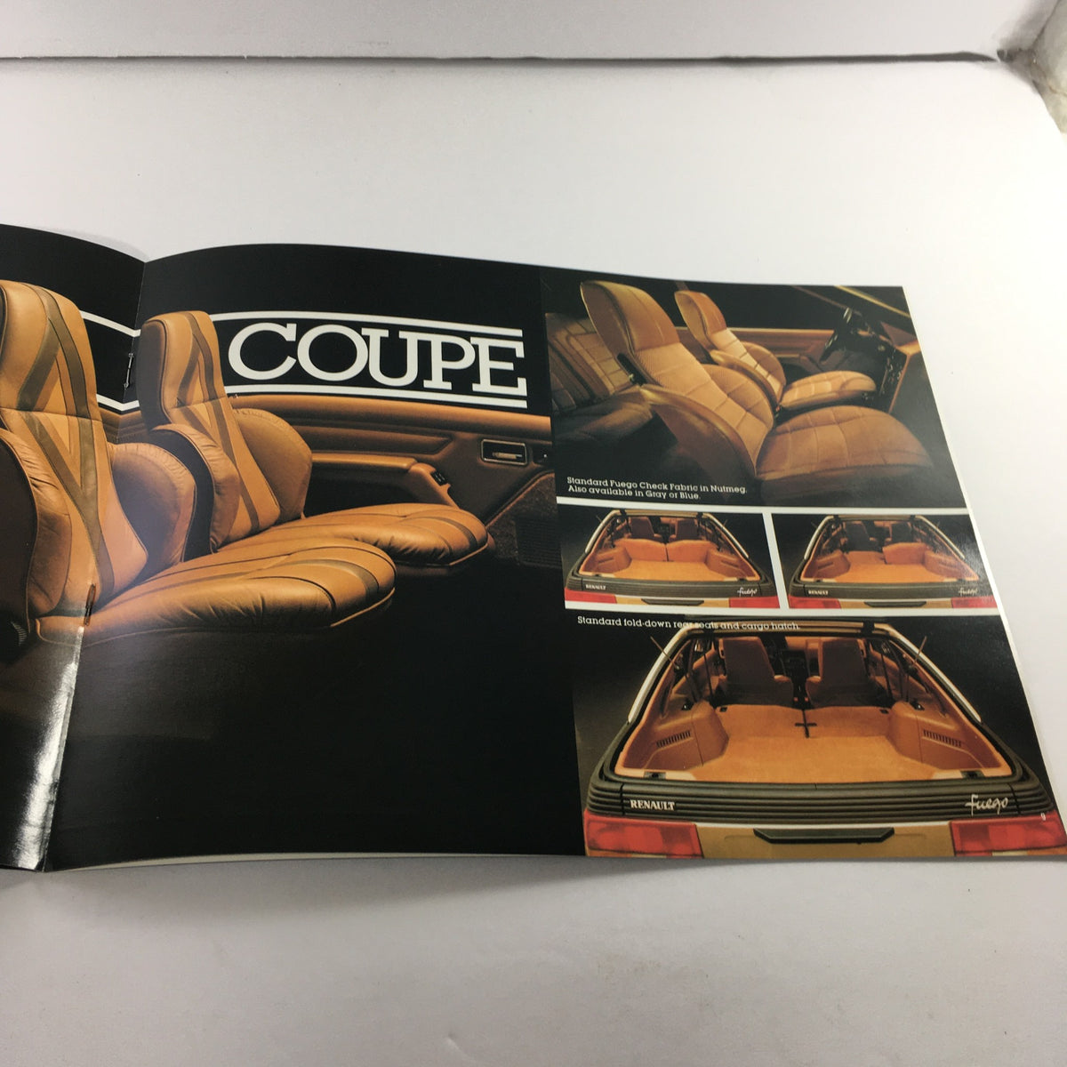 1984 Renault Fuego Turbo Coupe Dealership Car Brochure featuring the interior design, highlighting leather seating and spacious cabin.