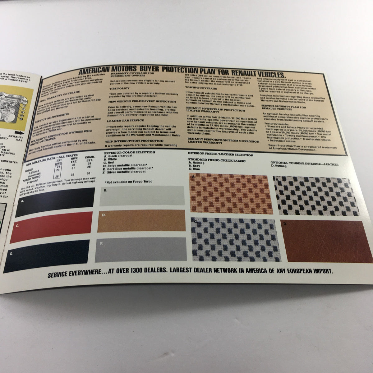 1984 Renault Fuego Turbo Coupe Dealership Car Brochure displaying the buyer protection plan with color options for interiors and exteriors.