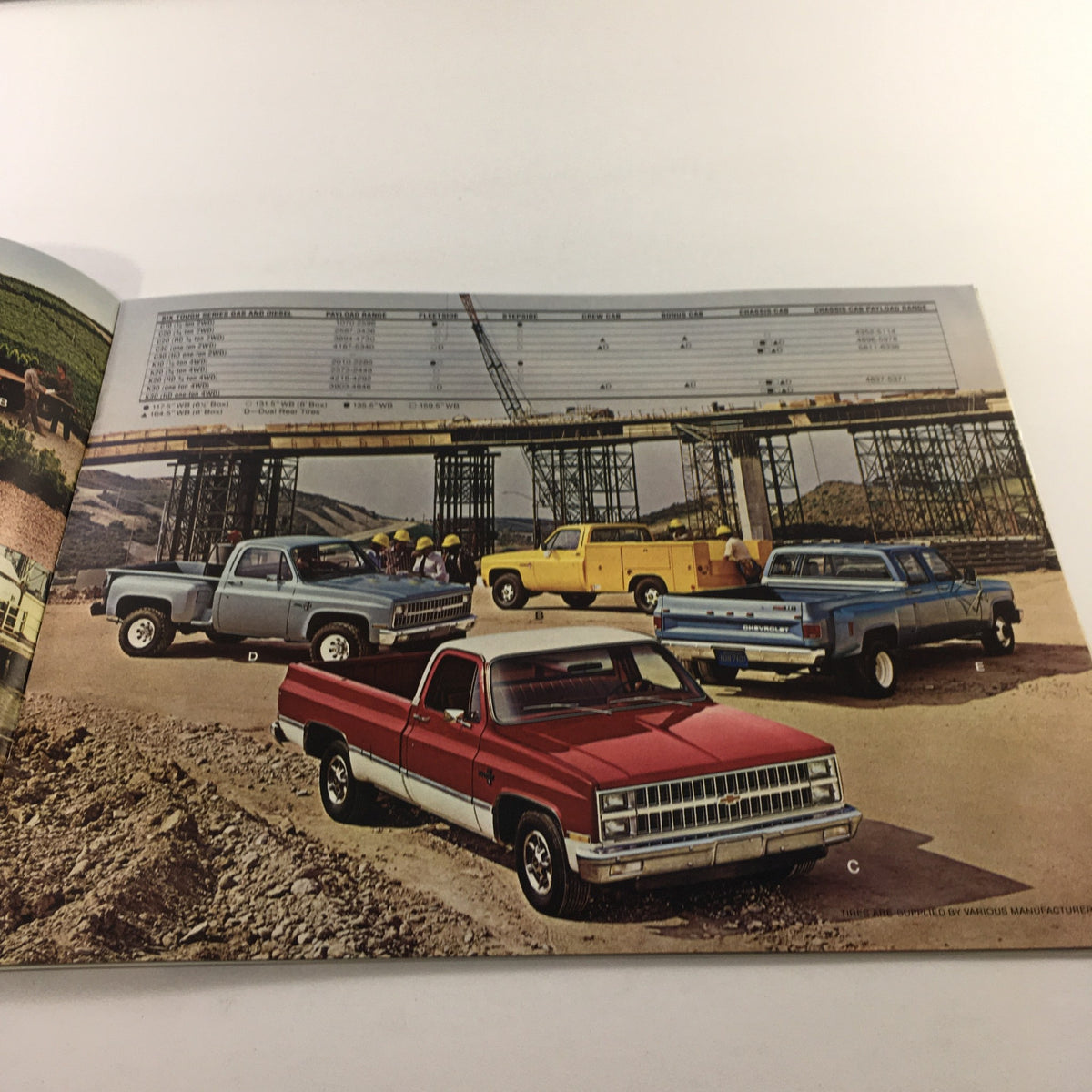 Comparison image of several 1982 Chevrolet Chevy Pickups showcasing different models on a construction site in the dealership brochure.
