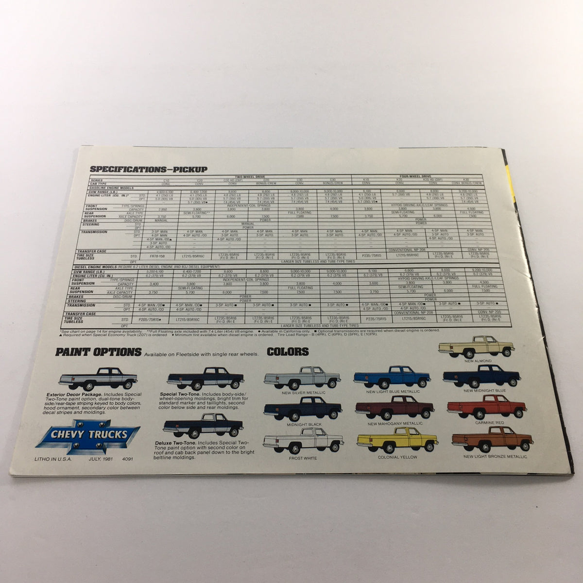 Specifications page from the 1982 Chevrolet Chevy Pickups Full-Size Dealership Car Auto Brochure Catalog, showcasing paint options, colors, and technical details.