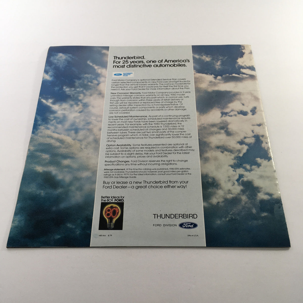 Back cover of the 1980 Ford Thunderbird Dealership Car Auto Brochure Catalog, featuring promotional text and a serene sky background emphasizing the Thunderbird's legacy.