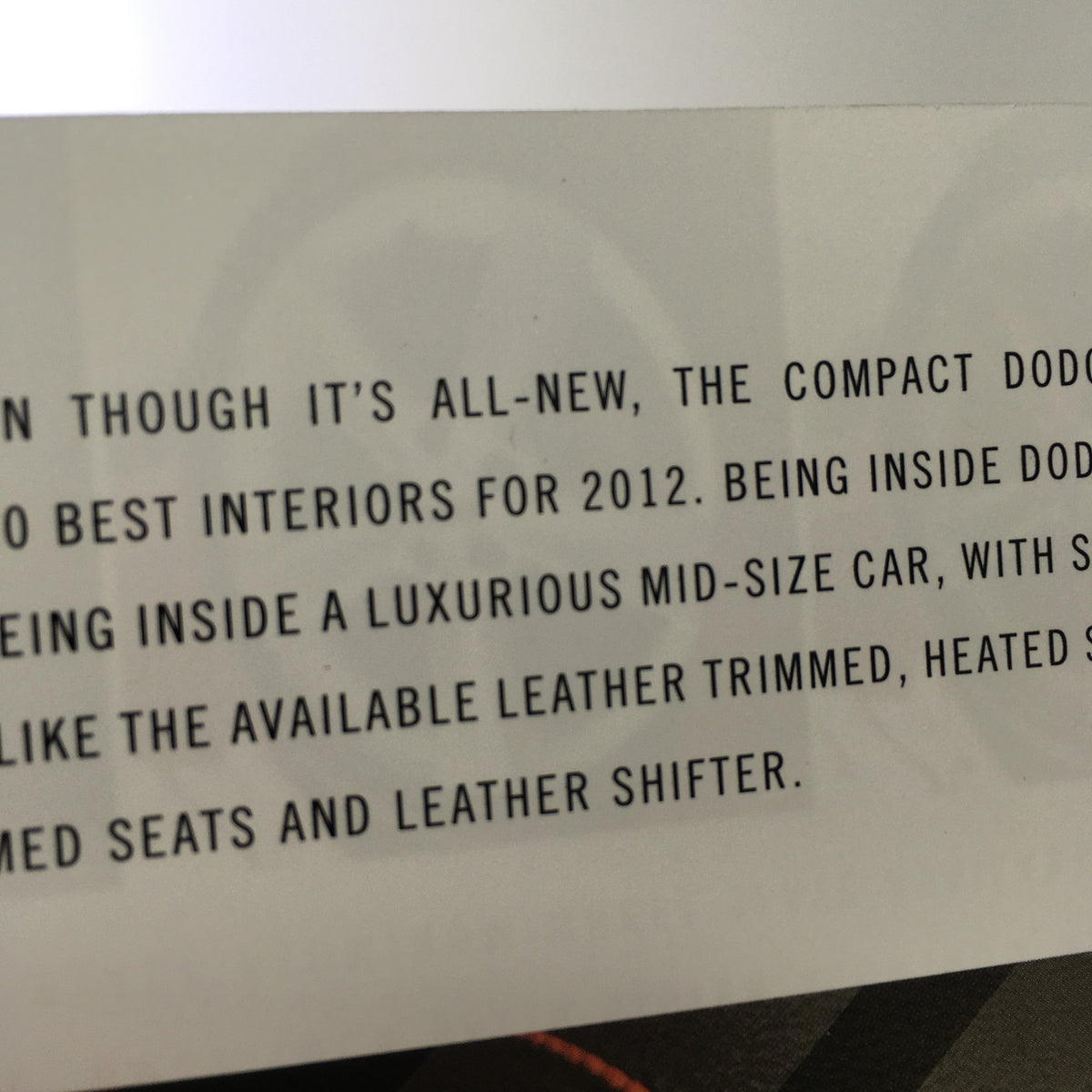 2012 Dodge Dart II Dealership Car Auto Brochure Catalog featuring text about the luxurious interior options of the Dodge Dart for 2012.