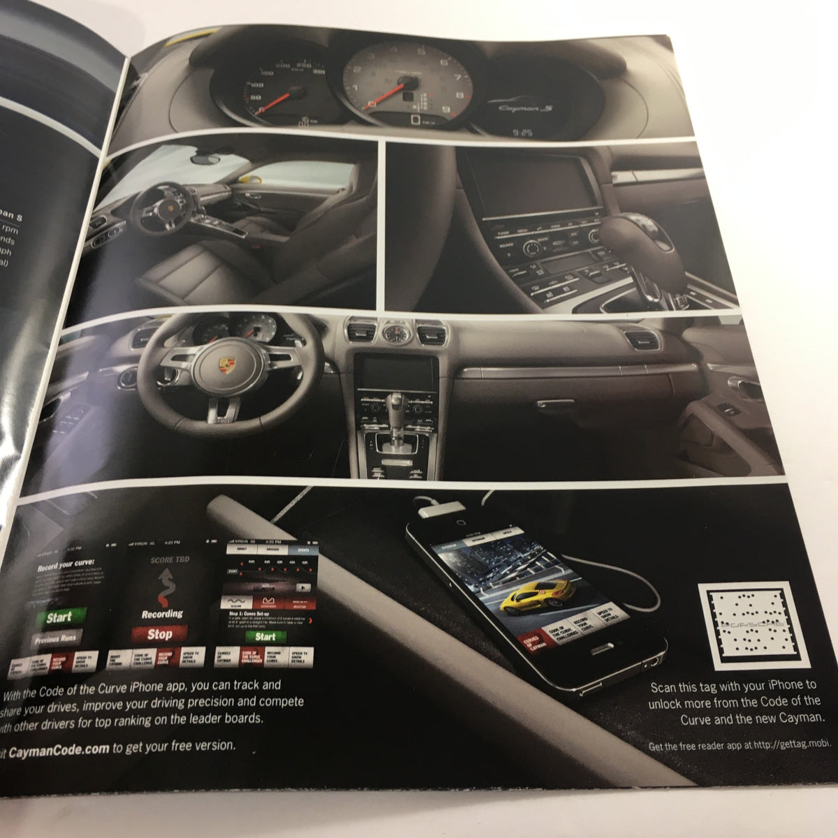 2013 Porsche Cayman Code Dealership Car Auto Brochure Catalog interior page displaying the dashboard and infotainment system of the Porsche Cayman.