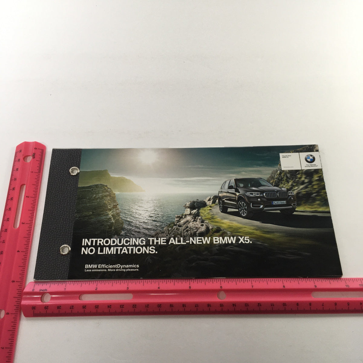 Cover of the 2014 BMW X-5 Dealership Car Auto Brochure Catalog showcasing a scenic view and the vehicle, highlighting the phrase 'Introducing the All-New BMW X5. No Limitations.'