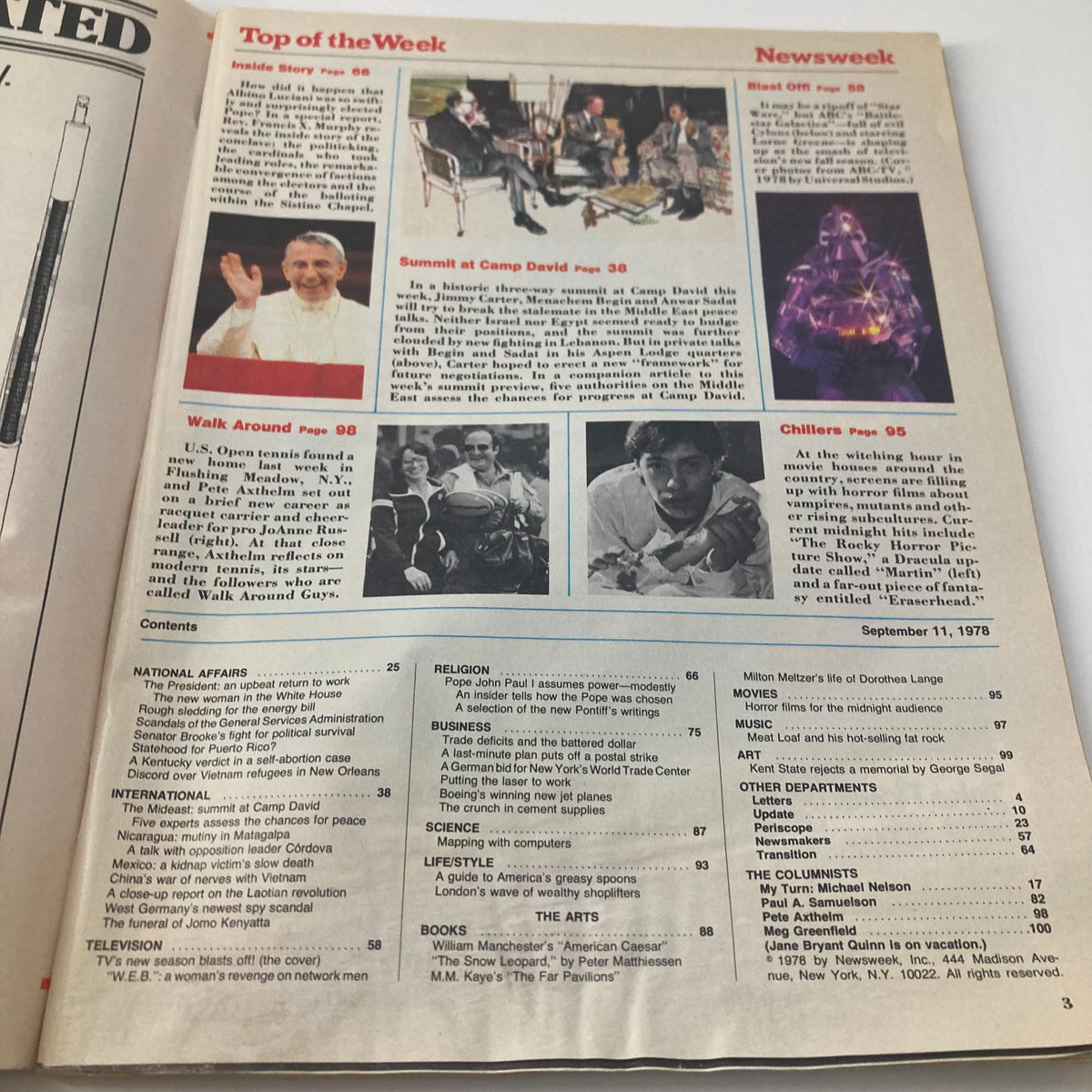 Inside page of VTG Newsweek Magazine September 11 1978 displaying contents and articles including 'Top of the Week' and 'Chillers'.