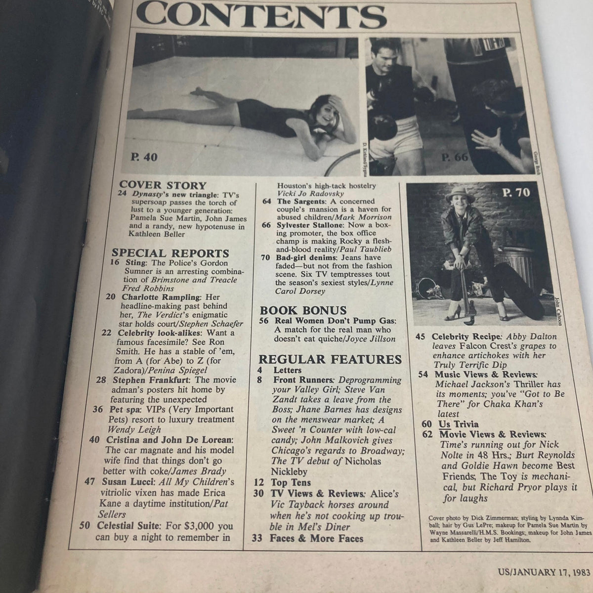 Contents page of Us Magazine dated January 17, 1983, detailing featured articles and special reports including a cover story on John James and Pamela Sue Martin.