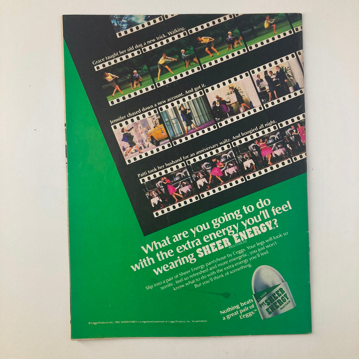 Back cover of Us Magazine January 17, 1983, featuring an advertisement for Sheer Energy pantyhose with vibrant green background and images showcasing women in active settings.