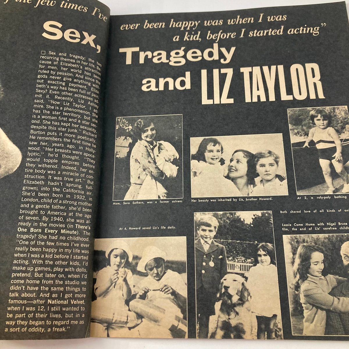 Interior page of Hollywood Life Stories Magazine 1965, showcasing a feature on Elizabeth Taylor with childhood photos and personal anecdotes.