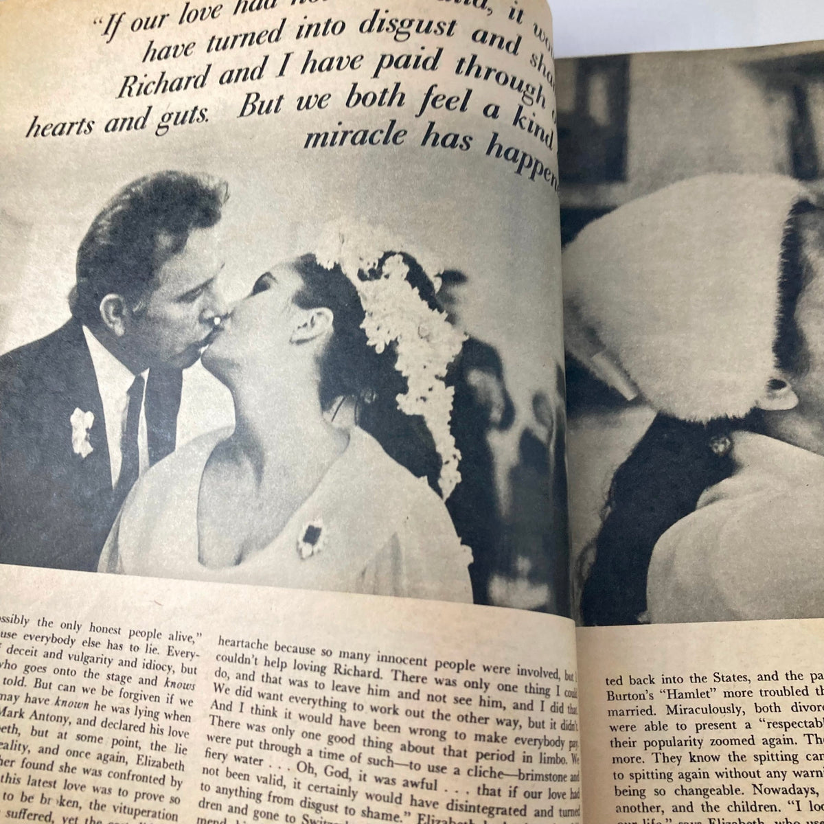 Interior page of Hollywood Life Stories Magazine 1965, depicting a romantic moment with Elizabeth Taylor and Richard Burton, discussing their emotional journey.
