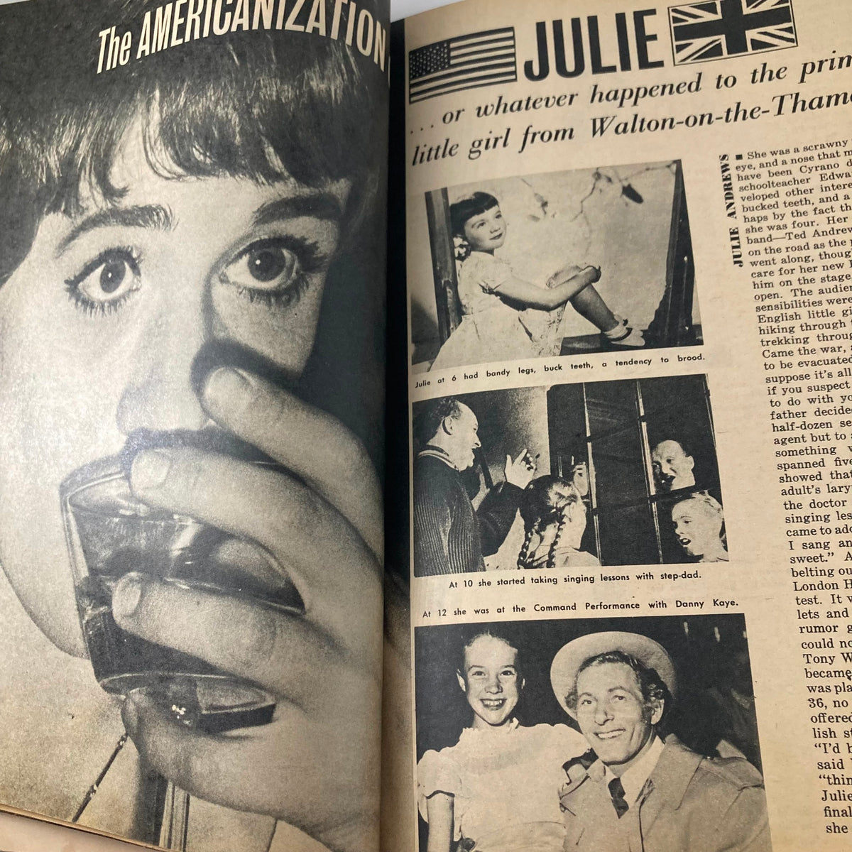 Interior page from Hollywood Life Stories Magazine 1965 featuring a close-up of a young woman with a drink, alongside photographs and text about Julie Andrews's early life.