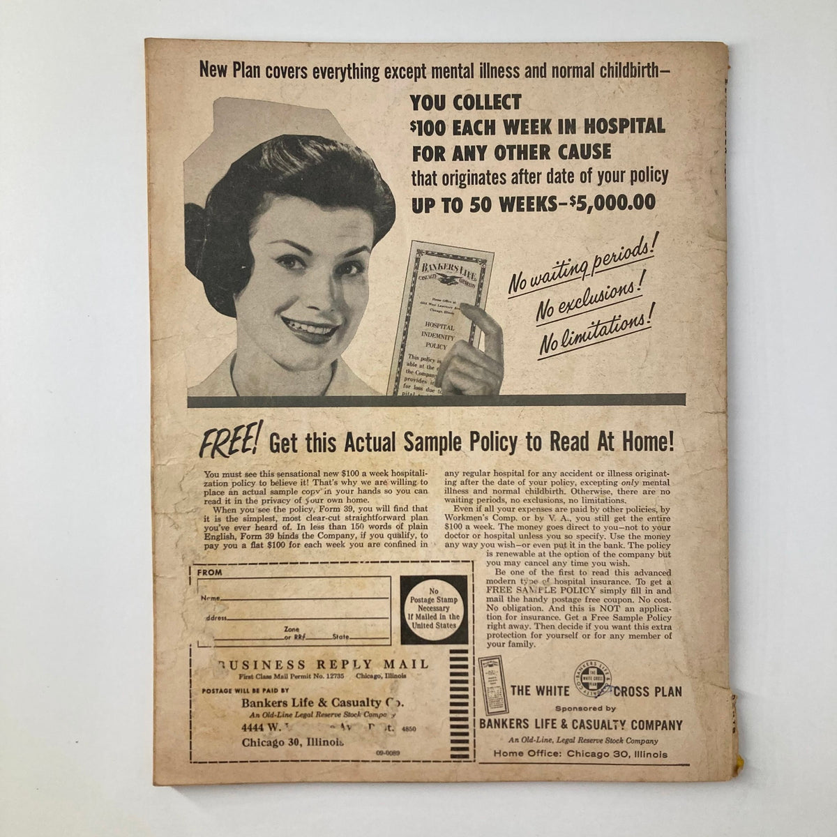 Back cover of the Hollywood Screen Parade Magazine from September 1959 advertising a hospitalization policy, featuring a vintage illustration of a woman holding a sample policy.