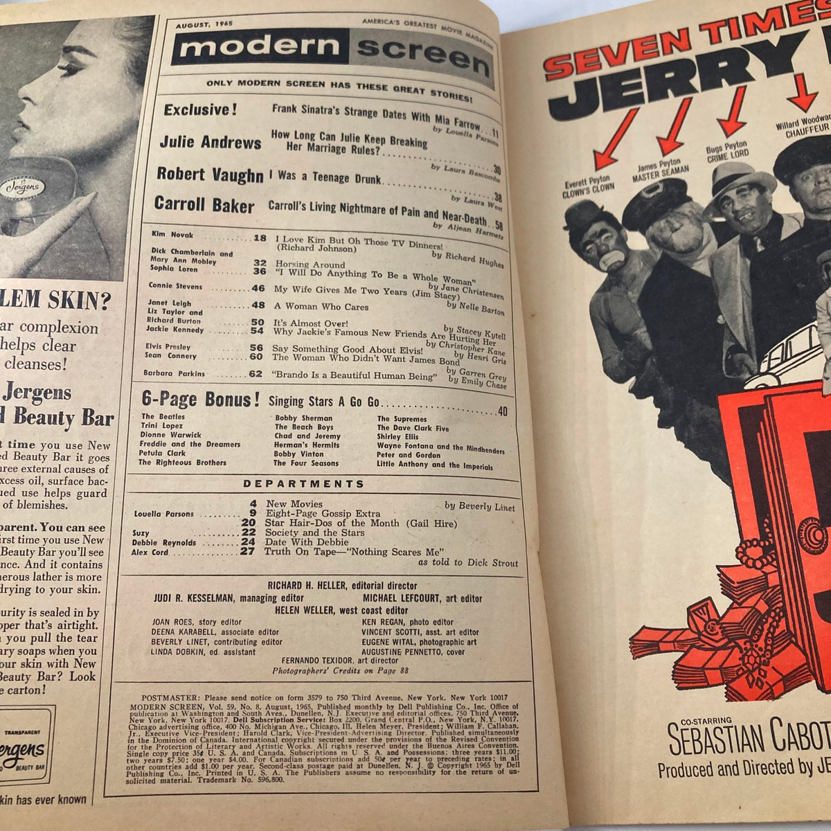 Interior pages of Modern Screen Magazine August 1965, displaying classic film content and celebrity interviews from the golden age of Hollywood.