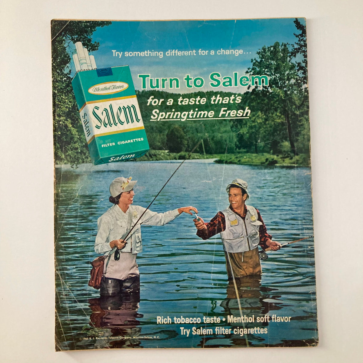 Advertising insert in Modern Screen Magazine August 1965, promoting Salem filter cigarettes with a picturesque outdoor scene.